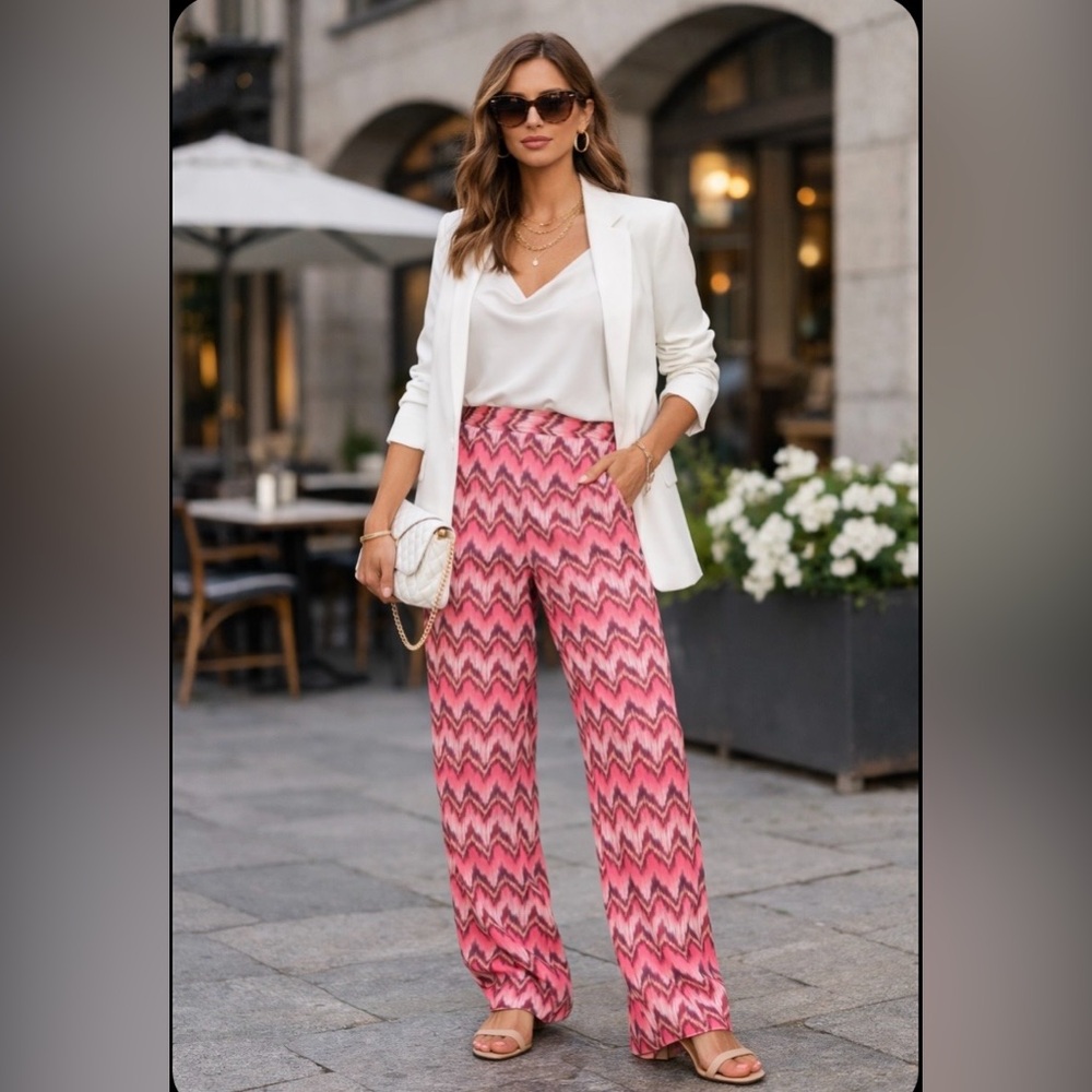 Esqualo Zigzag Trousers Strawberry Pink New Wide Leg Size 8 Resort Boho